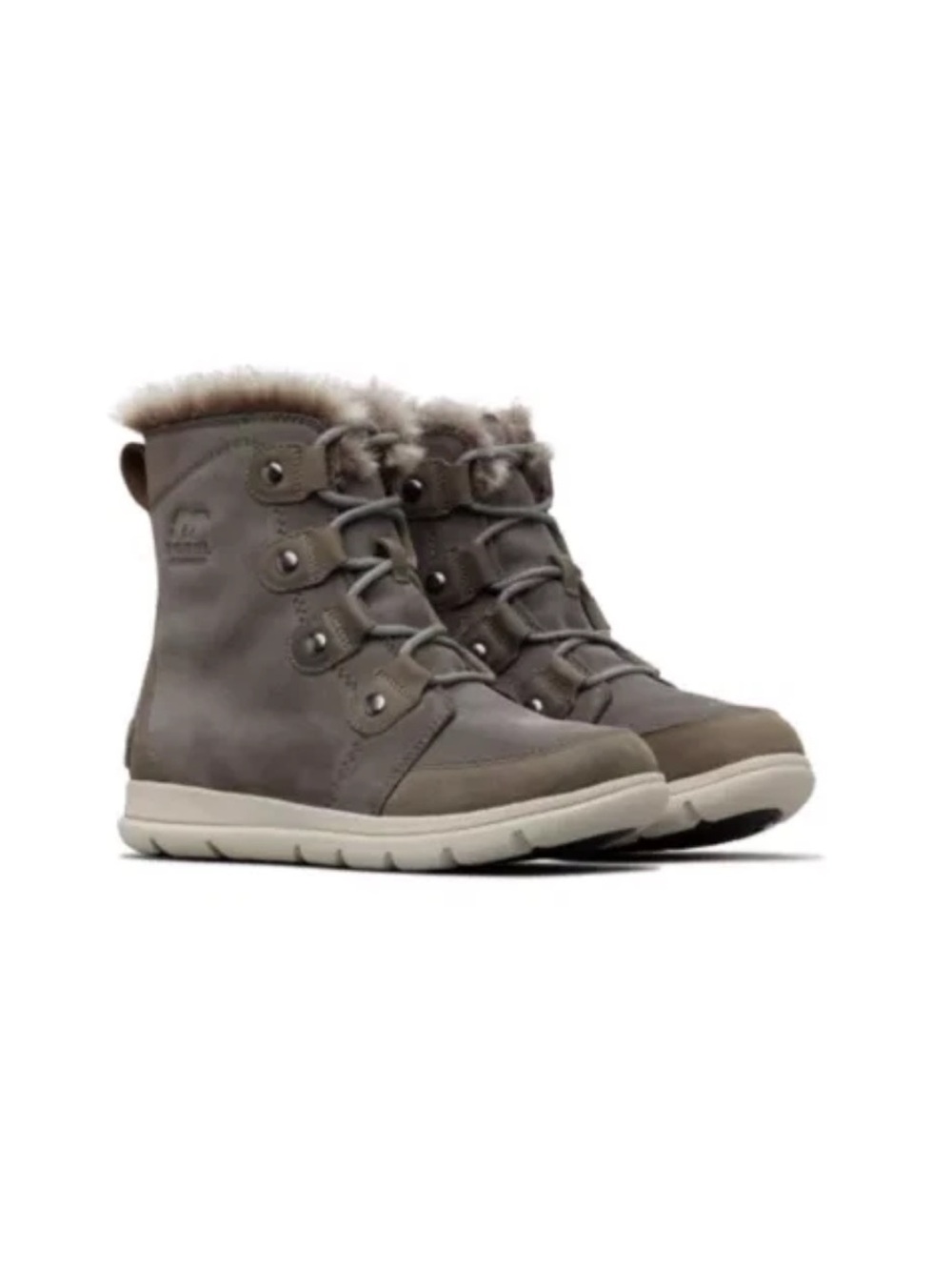 SOREL EXPLORER JOAN BOOTS WOMEN'S Taupe Faux-Fur Lace-Up Winter Boots